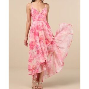 Lulus Desdra Pink Floral Ruffle High Low Criss Cross Tiered Maxi Dress size L